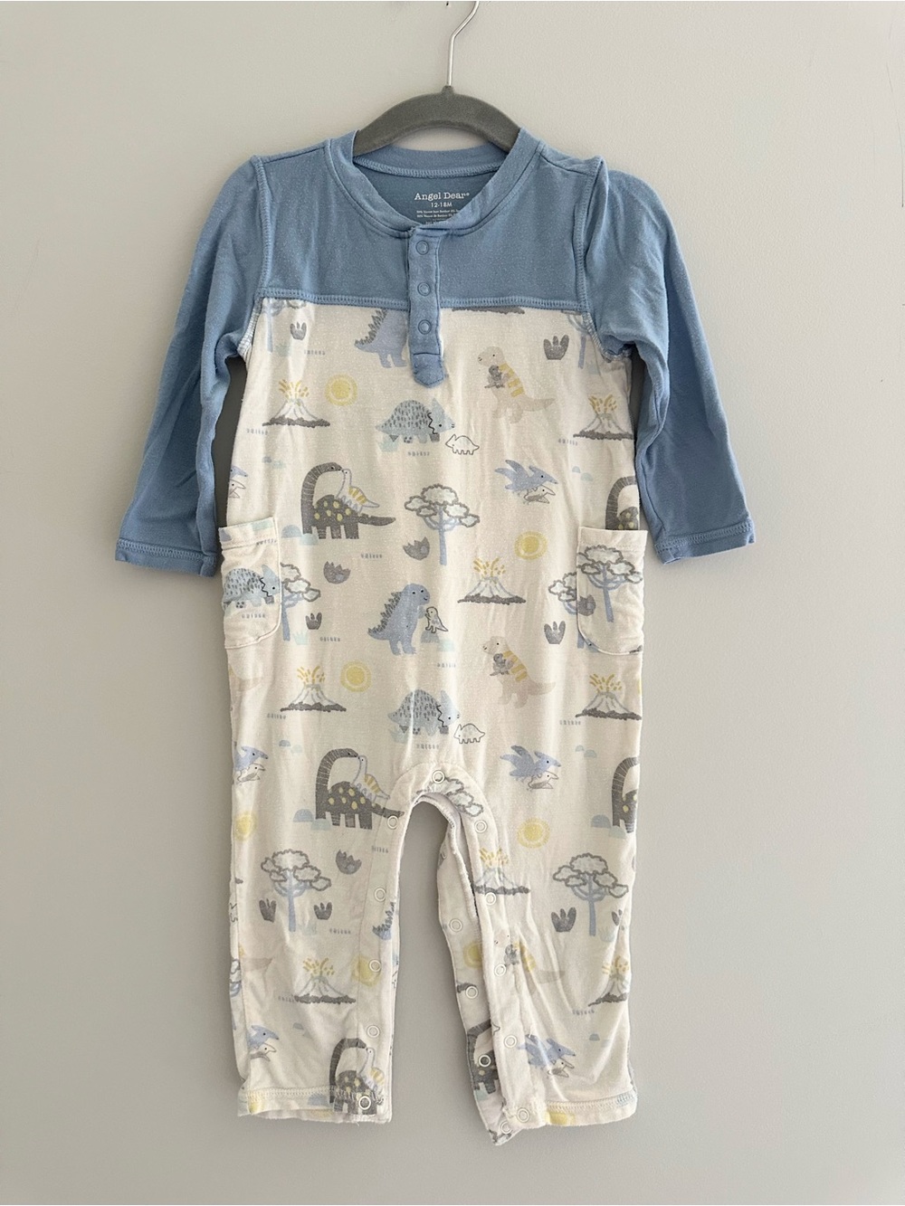 Angel Dear Baby Dinosaur Bamboo Henley Romper, Size 12-18M, Blue/Cream